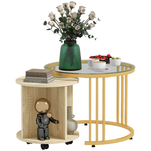 Lot de 2 tables basses rondes empilables en acier, verre et aggloméré doré et chêne online