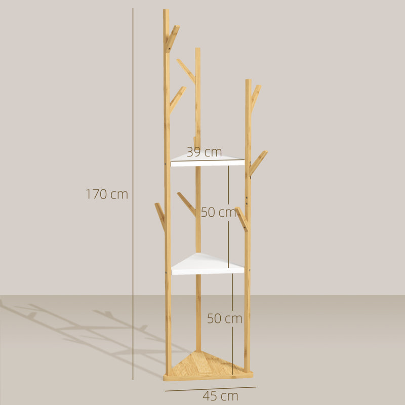 Albero Appendiabiti da Terra 45x45x170 cm con 8 Ganci e 3 Ripiani in Bambù Naturale e Bianco 