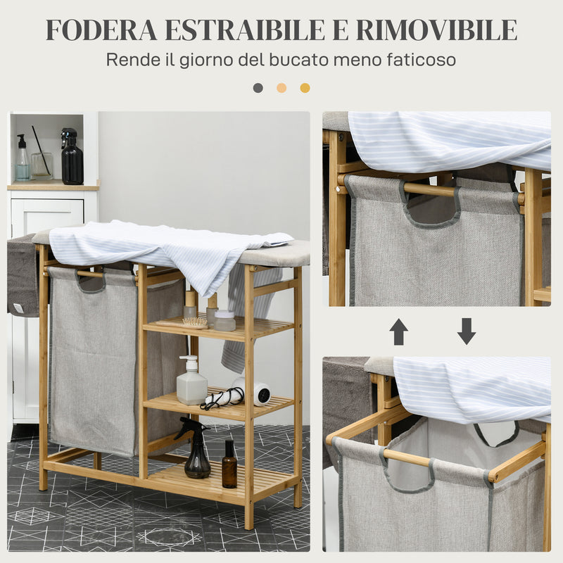 Cesto Portabiancheria con Asse da Stiro e 3 Ripiani in Bambù 113x34x82 cm  