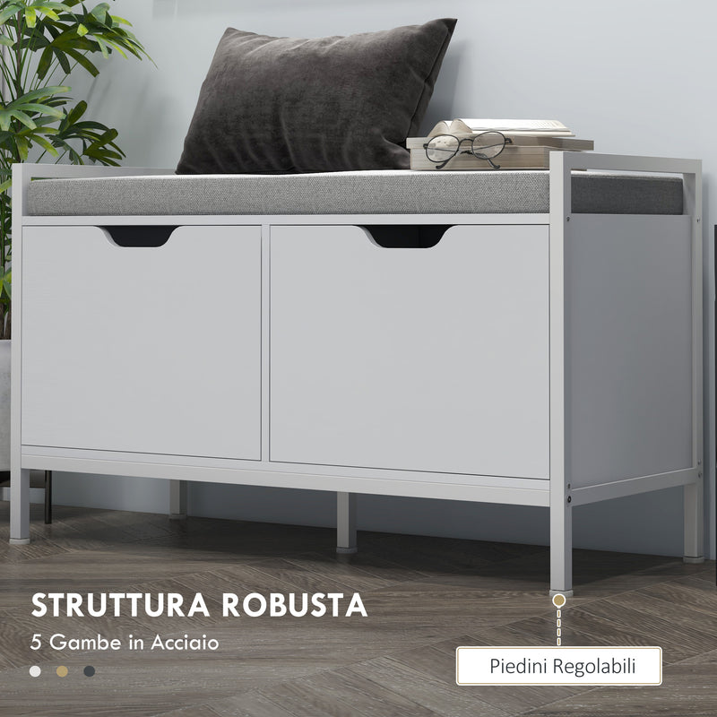 Panca Scarpiera 2 Armadietti con Cuscino 84x35x50 cm in Tessuto Effetto Lino e Legno Bianco 