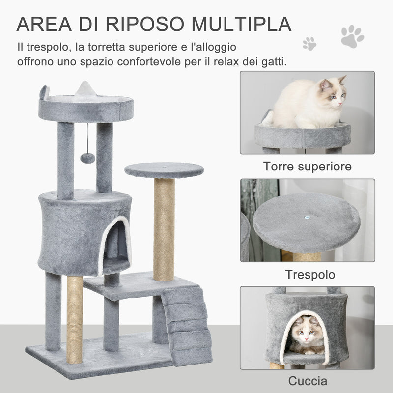 Albero Tiragraffi per Gatti 60x40x100 cm con Trespolo Casetta Rampa e Pallina in Legno e Peluche   