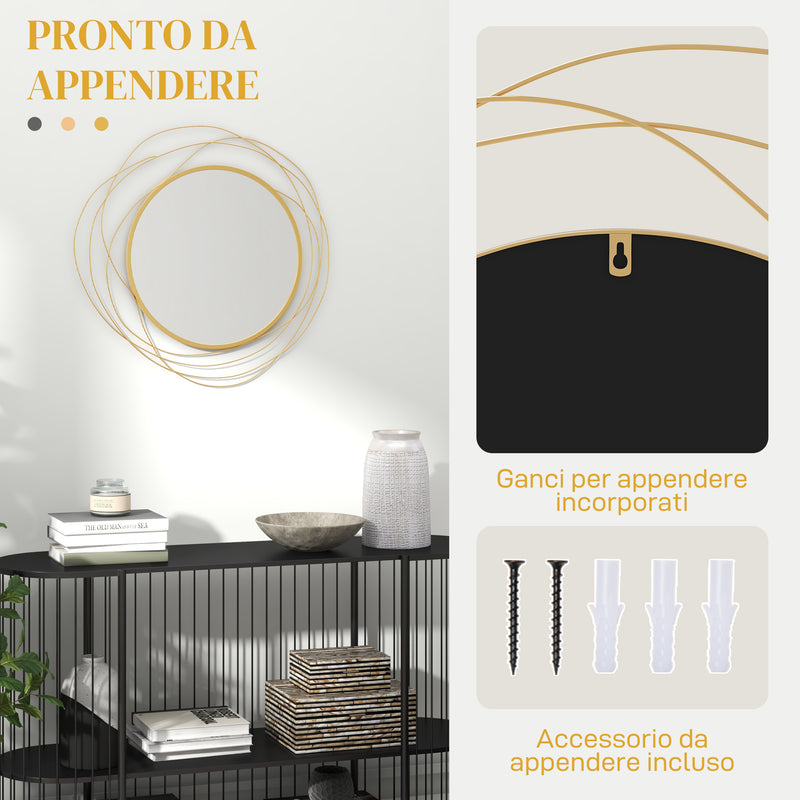 Specchio Moderno e Rotondo Decorativo a Muro con Ganci Ø65x1 cm in Vetro e Metallo Oro