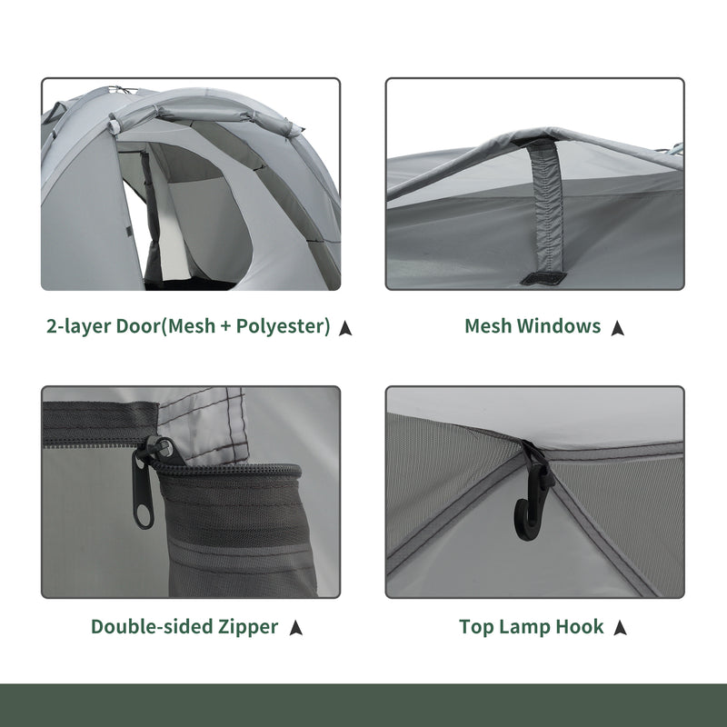 Tenda da Campeggio a Cupola per 2 Persone Estensibile 350x220x145 cm con 4 Porte e 3 Finestre Grigio