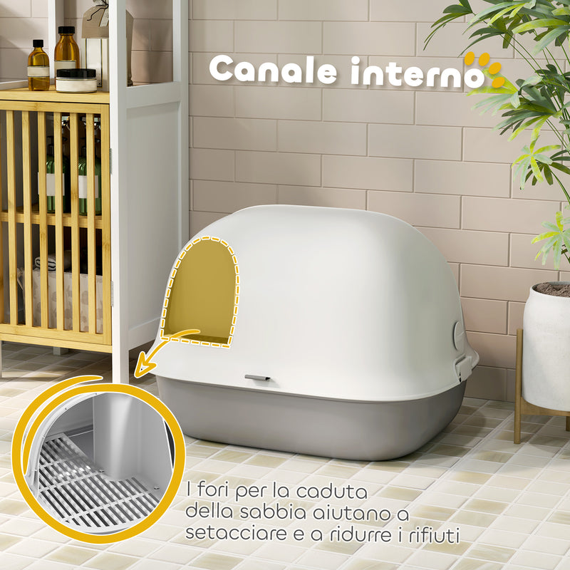 Lettiera per Gatti Chiusa 58x46x39 cm con Gattaiola e Paletta in PP Grigio Chiaro e Bianco  