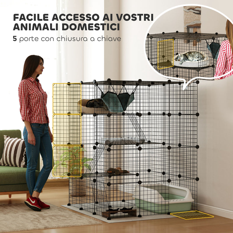 Box Recinto per Gatti Modulabile a 4 Livelli 105x105x140 cm 5 Ingressi e Rampe in Acciaio e PP Nero  