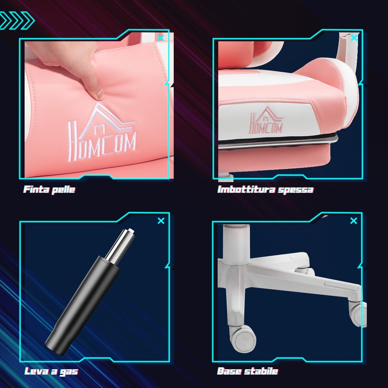 Sedia da Gaming Ergonomica con Orecchie da Gatto Poggiapiedi Retrattile e Schienale Reclinabile 135° Rosa  
