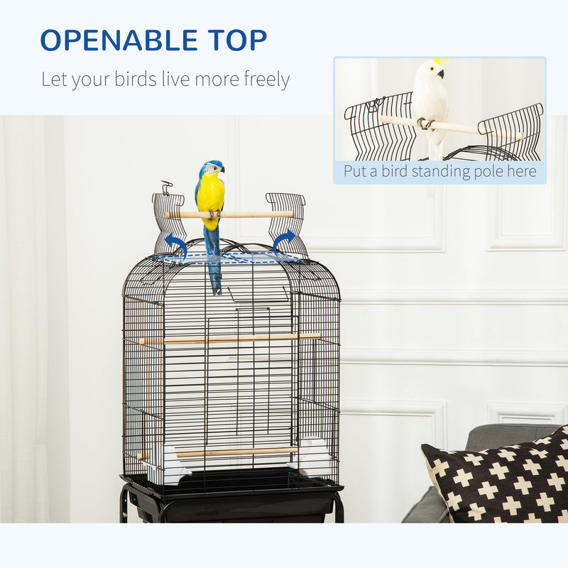 Gabbia per Uccelli con 3 Posatoi 2 Ciotole e 2 Porte Laterali 46x36x130 cm in Acciaio PP e Legno Nera