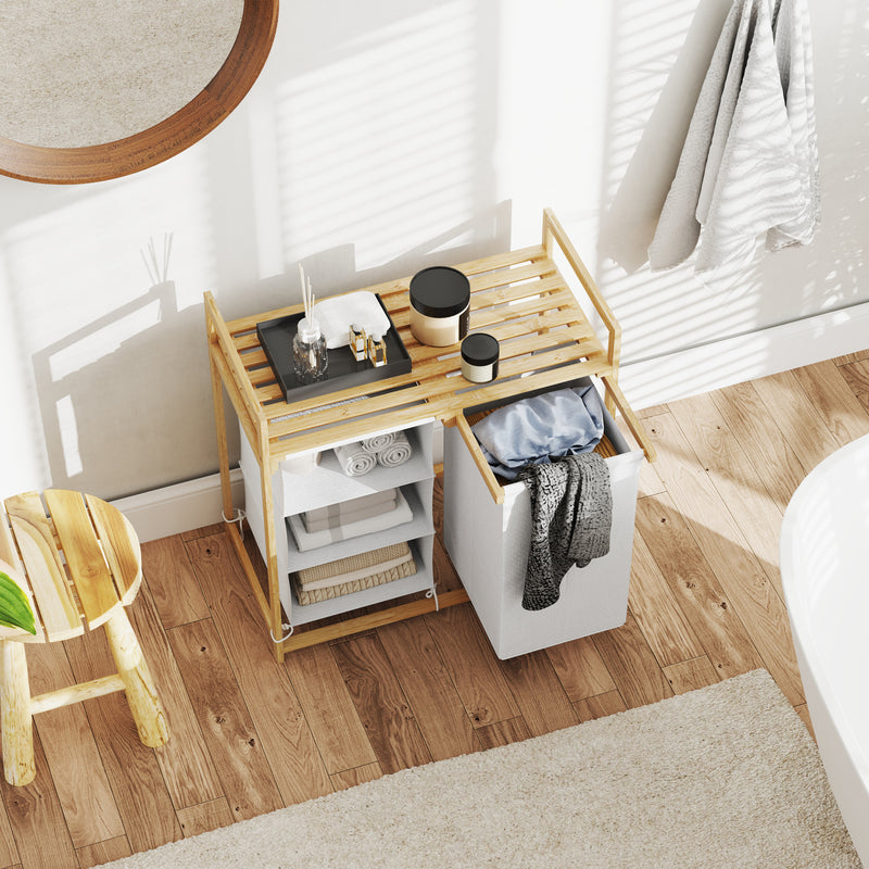 Cesto Portabiancheria 70x36x70 cm con 2 Borse Estraibili e Ripiano in Bambù Bianco   