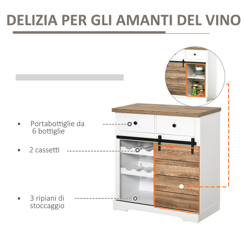 Mobile da Cucina Rustico con 2 Cassetti Ripiani e Portabottiglie 80x39x86 cm in Legno e Metallo Bianco