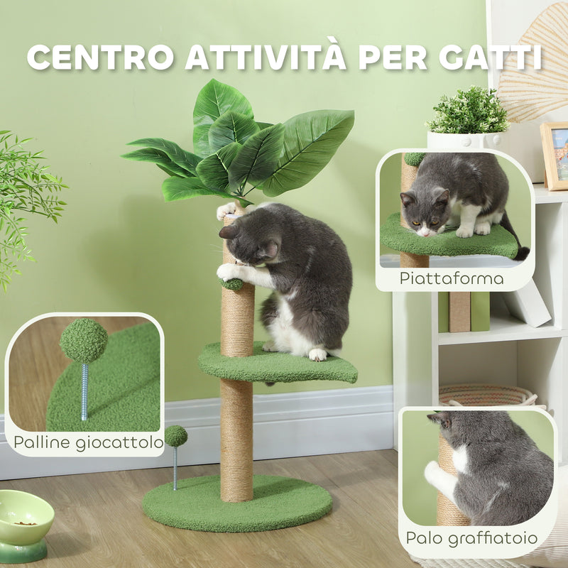 Albero Tiragraffi per Gatti Palo in Juta Piattaforme in Peluche e Palline Ø40x83 cm Verde