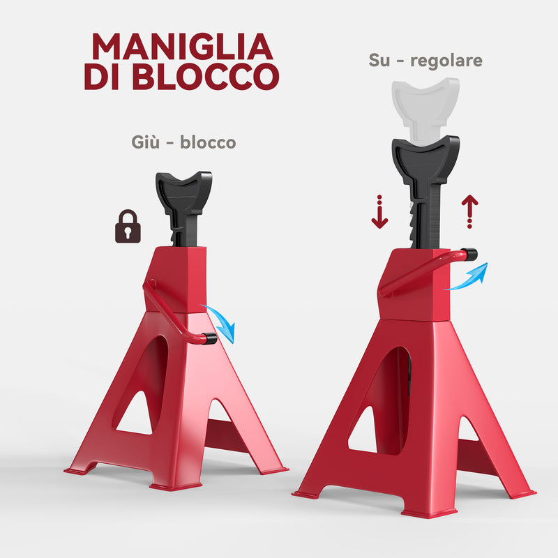 Set 2 Cavalletti Auto 6 Tonnellate di Capacità Altezza 38,5-60 cm Acciaio al Carbonio e Ghisa Rosso  