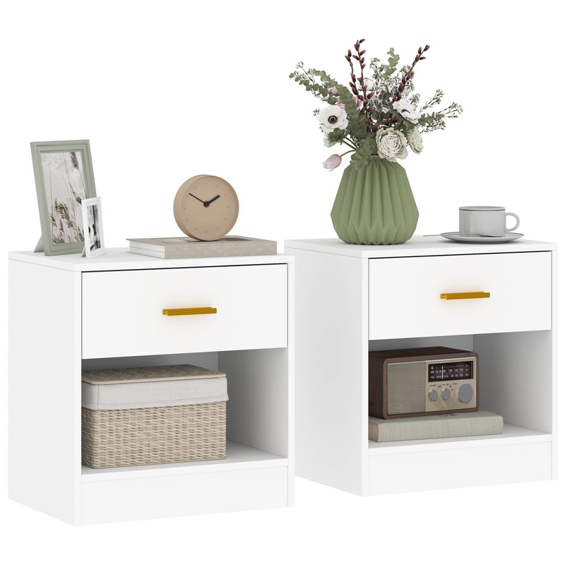 Set 2 Comodini con Cassetto e Ripiano a Giorno in Legno 39x28x41 cm Bianco  