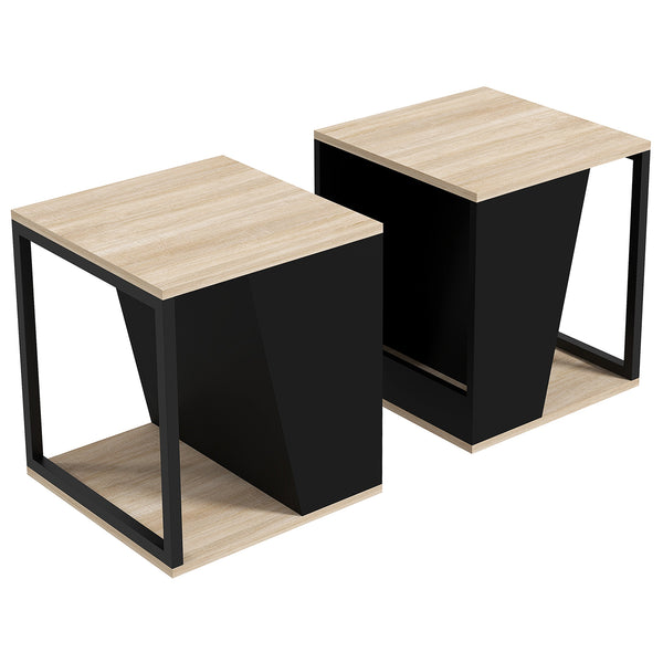 acquista Set da 2 Tavolini da Caffè 40x40x45 cm con Vano Porta Oggetti in Truciolato e Acciaio Nero e Quercia