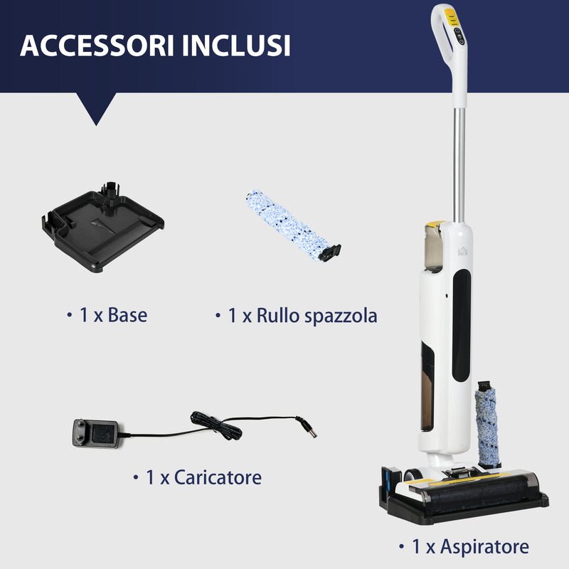 Aspirapolvere Lavapavimenti Senza Fili Wet & Dry Scopa Elettrica con 2 Serbatoi Bianco