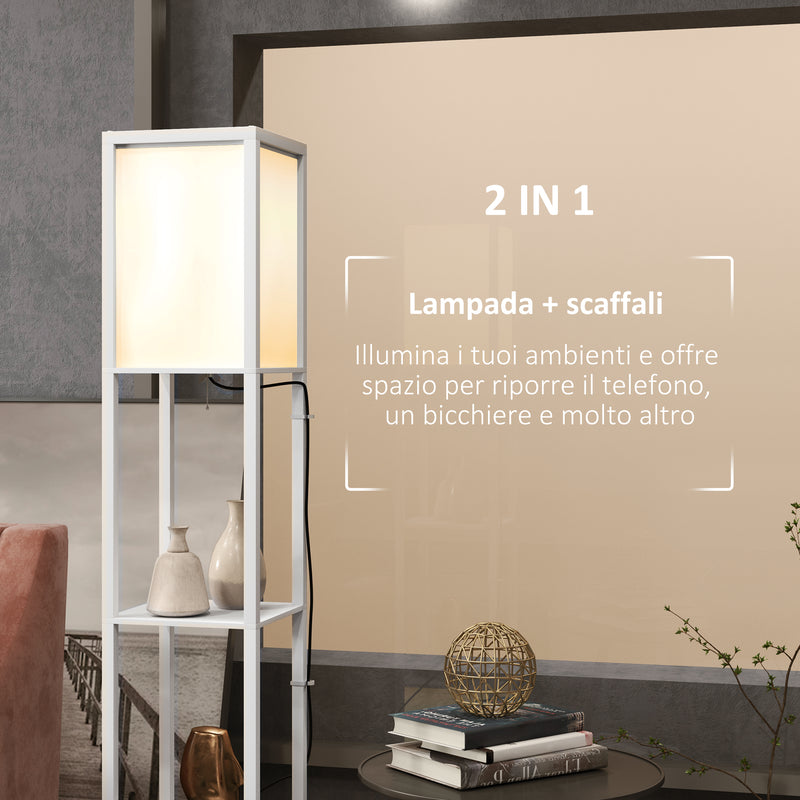 Lampada da Terra con 2 Paralumi E27 40W e 2 Ripiani  26x26x156 cm Bianco  