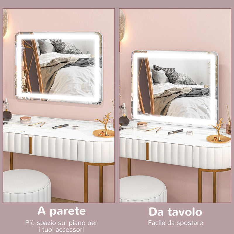 Specchio Trucco 80x62x14 cm con LED Regolabili Touch e Ingranditore 10x    
