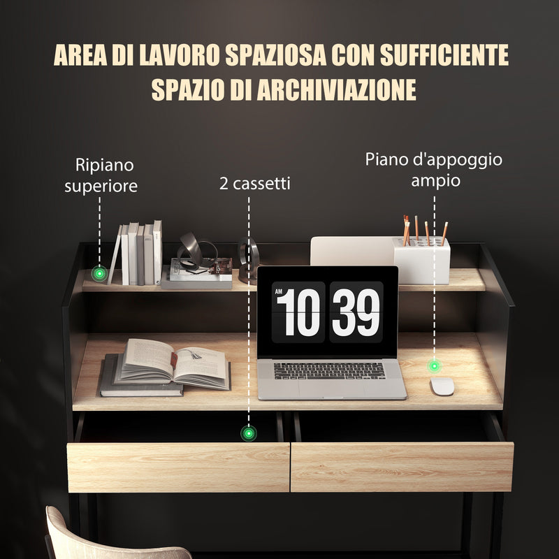 Scrivania 2 Cassetti con Ripiano Superiore 106x51,5x102,5 cm in Legno e Acciaio Nero e color Quercia  