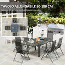 Set da Giardino con Tavolo Allungabile in Vetro e 6 Sedie Pieghevoli in Acciaio e Textilene Grigio    
