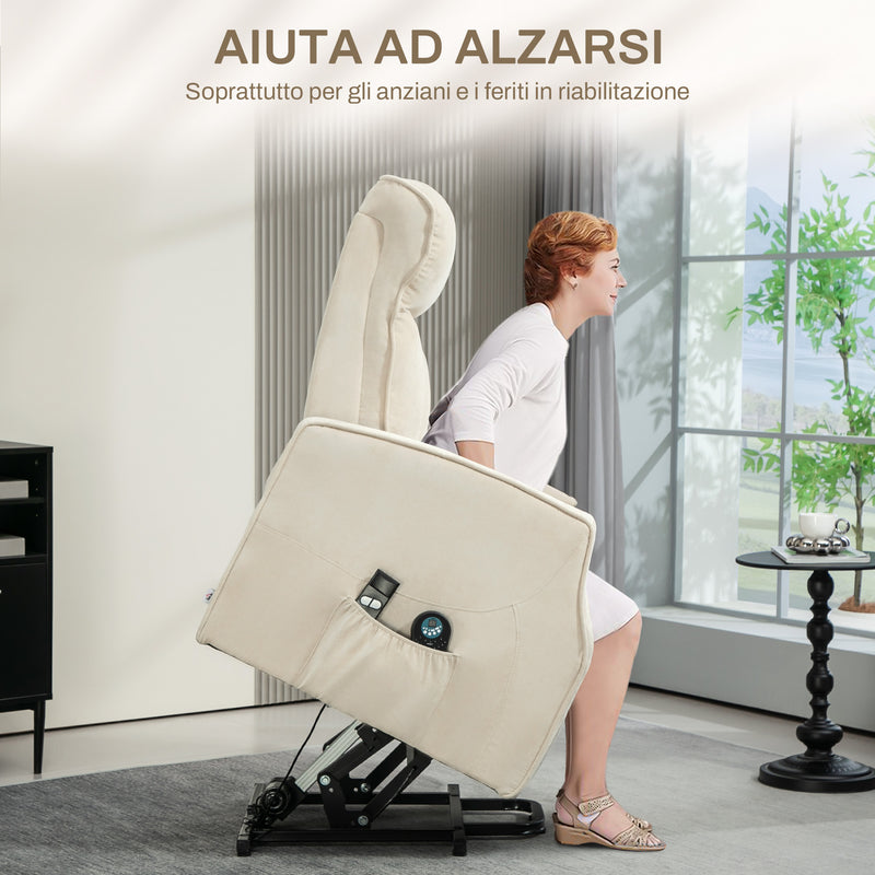 Poltrona Relax Alzapersona 8 Punti Massaggio Reclinazione a 135° e 2 Telecomandi Crema  