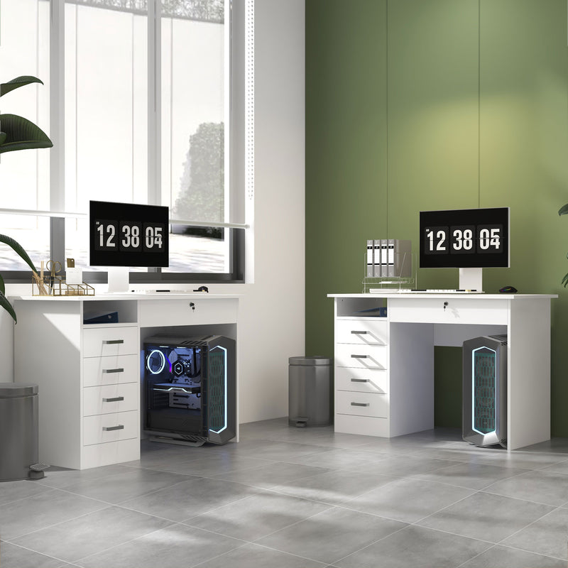 Scrivania Moderna 5 Cassetti con Serratura e 2 Chiavi 110x50x76 cm in Truciolato Bianco