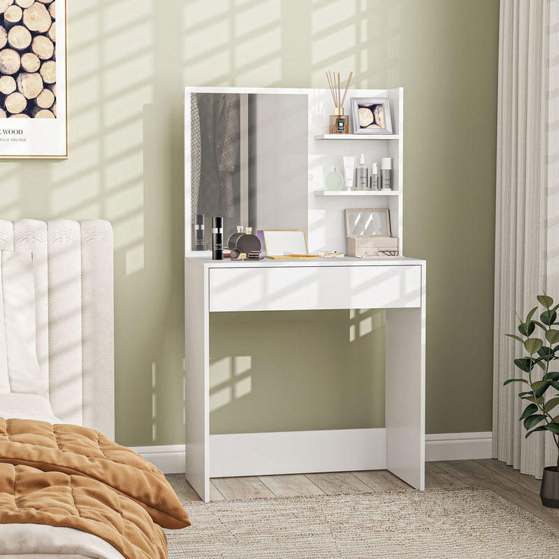 Consolle Trucco 75x40x137 cm con Sgabello e Ripiani a Giorno Bianco   