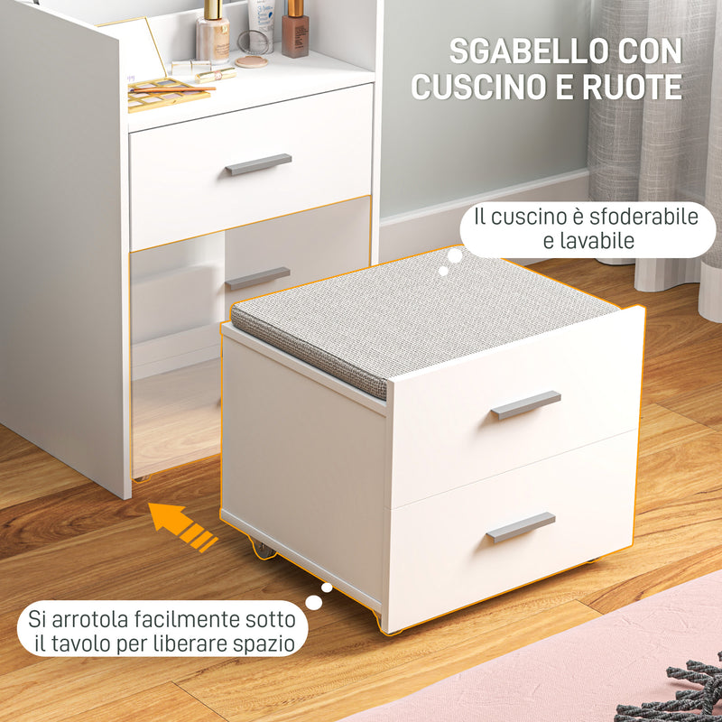 Consolle Trucco 50x40x113,5 cm con Specchio Ribaltabile 2 Cassetti e Sgabello a Scomparsa in Legno Bianco  