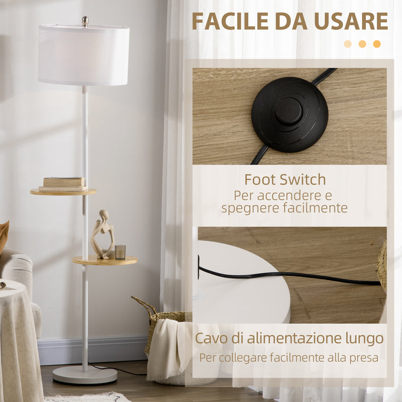 Lampada da Terra a Piantana Ø40x163 cm con 2 Mensole e Paralume in Tessuto Bianco
