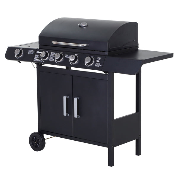 online Barbecue a Gas a 5 Fornelli con Ripiani Laterali e Armadietto 125x51x100 cm in Acciaio e PP Nero
