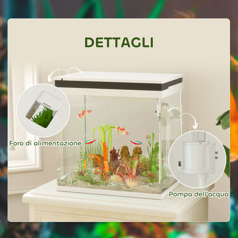Acquario per Pesci Rossi 26L con Luci LED 38x26x38 cm Sistema di Filtraggio e Pompa d'Acqua Bianco   
