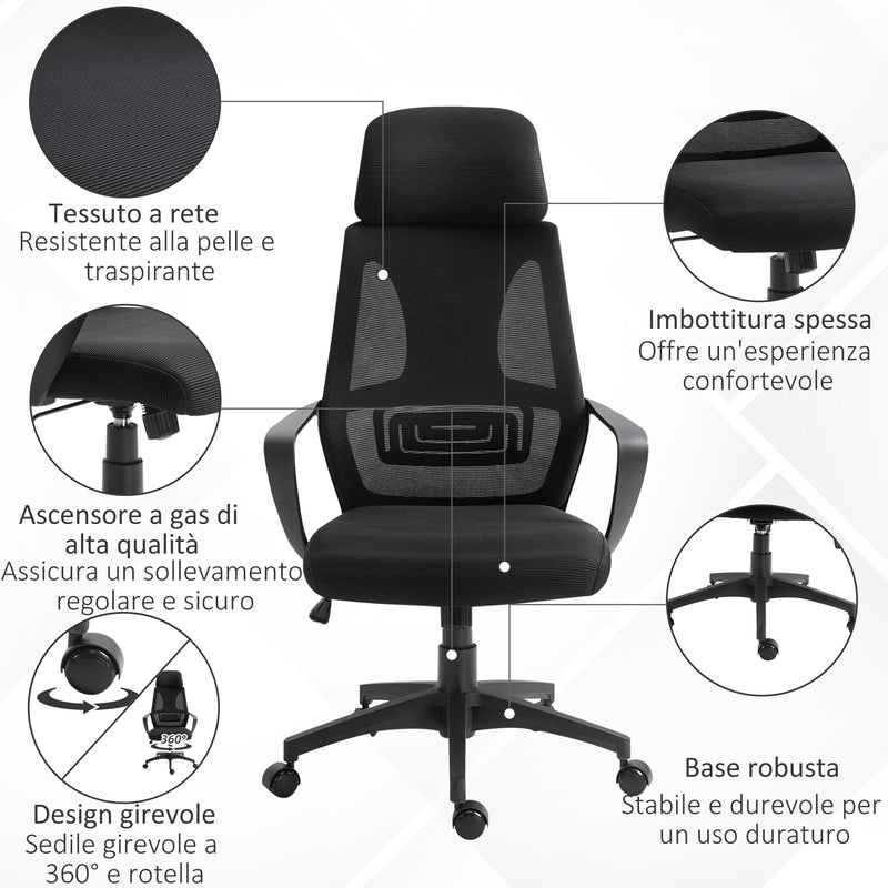 Sedia Operativa da Ufficio Reclinabile con Poggiatesta e Supporto Lombare 64x55x116-126 cm Nero 
