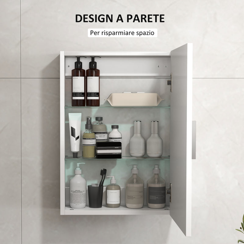 Armadietto Bagno da Parete 40x15x55 cm con 3 Ripiani Regolabili in Vetro in Legno Bianco   
