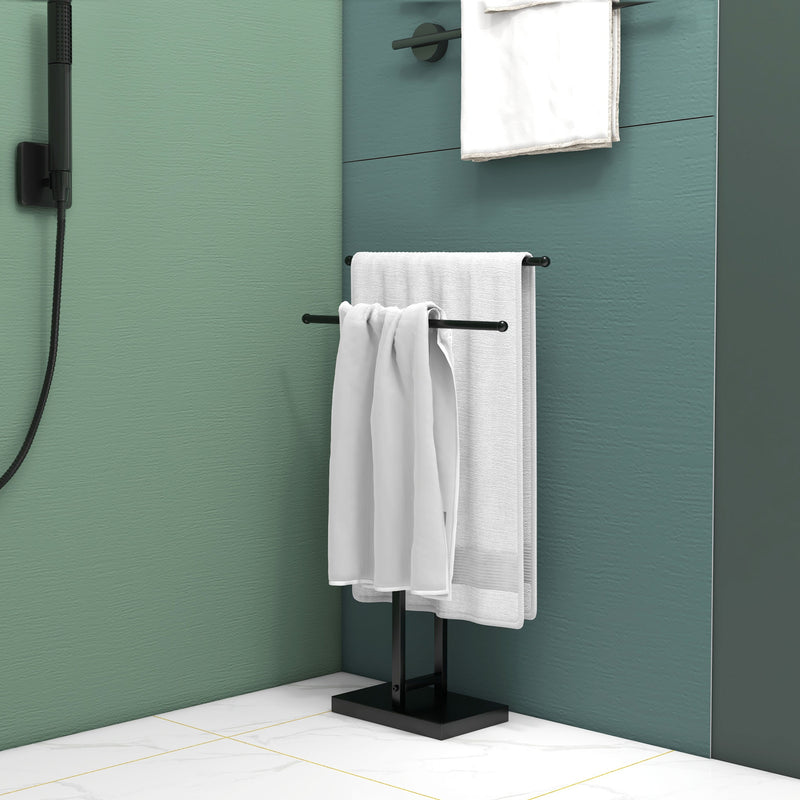 Piantana Portasciugamani da Bagno da Terra Autoportante 2 Bracci in Metallo 50x18,5x85 cm Nero