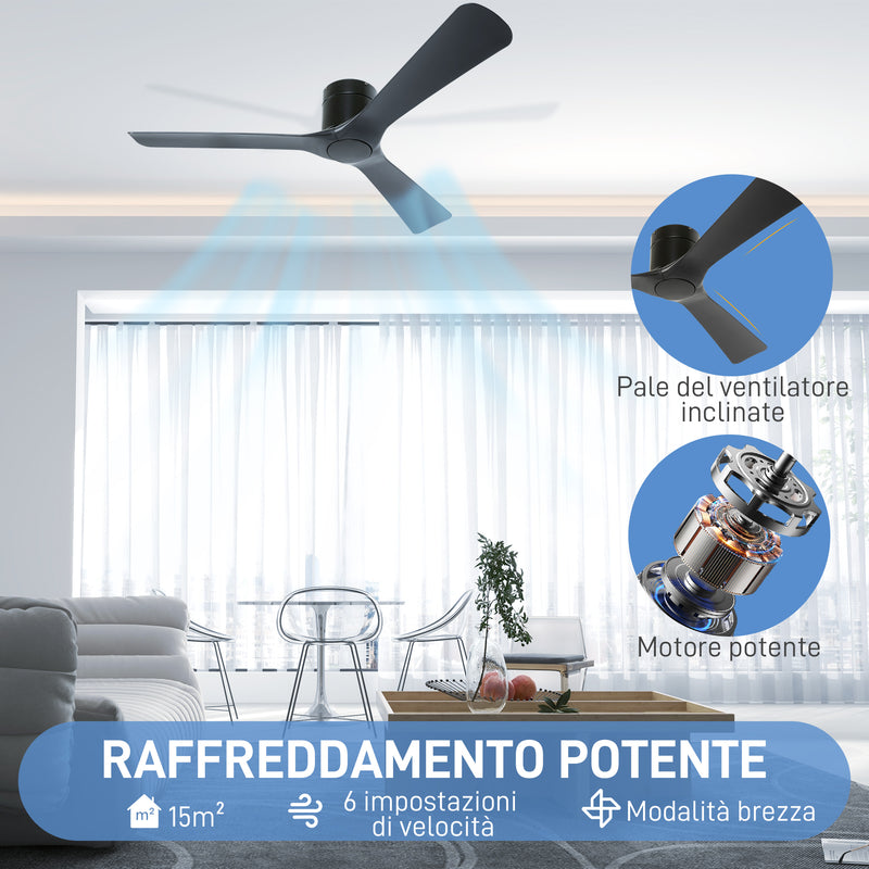 Ventilatore da Soffitto Reversibile a 3 Pale con 6 Velocità Ø132 cm Timer fino 8 Ore e Telecomando Nero