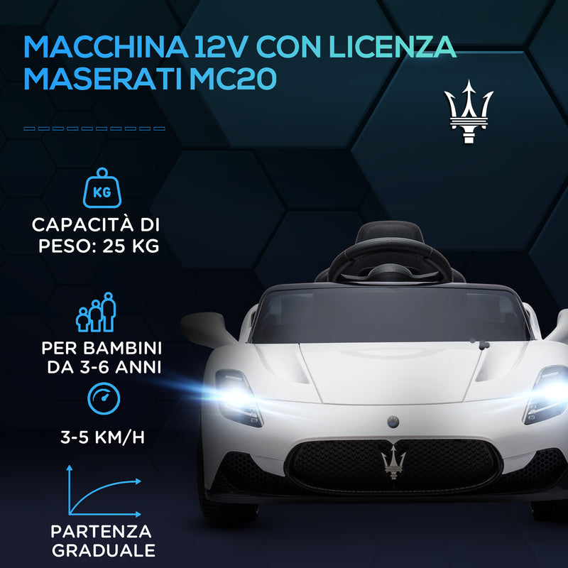Macchina Elettrica per Bambini Licenza Maserati MC20 Velocità 3-5km/h Bianco 