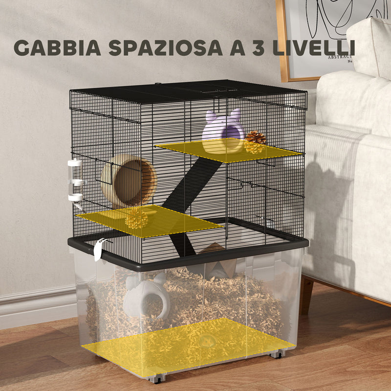 Gabbia per Criceti a 3 Piani 58x43x74 cm con Rampe e Accessori Nero   