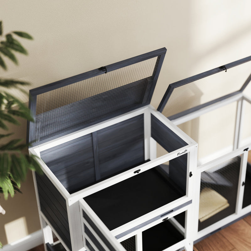 Conigliera a 2 Livelli 147x45x89,5 cm con Rampa e 3 Vassoi  in Legno di Abete e Acciaio Grigio e Bianco  