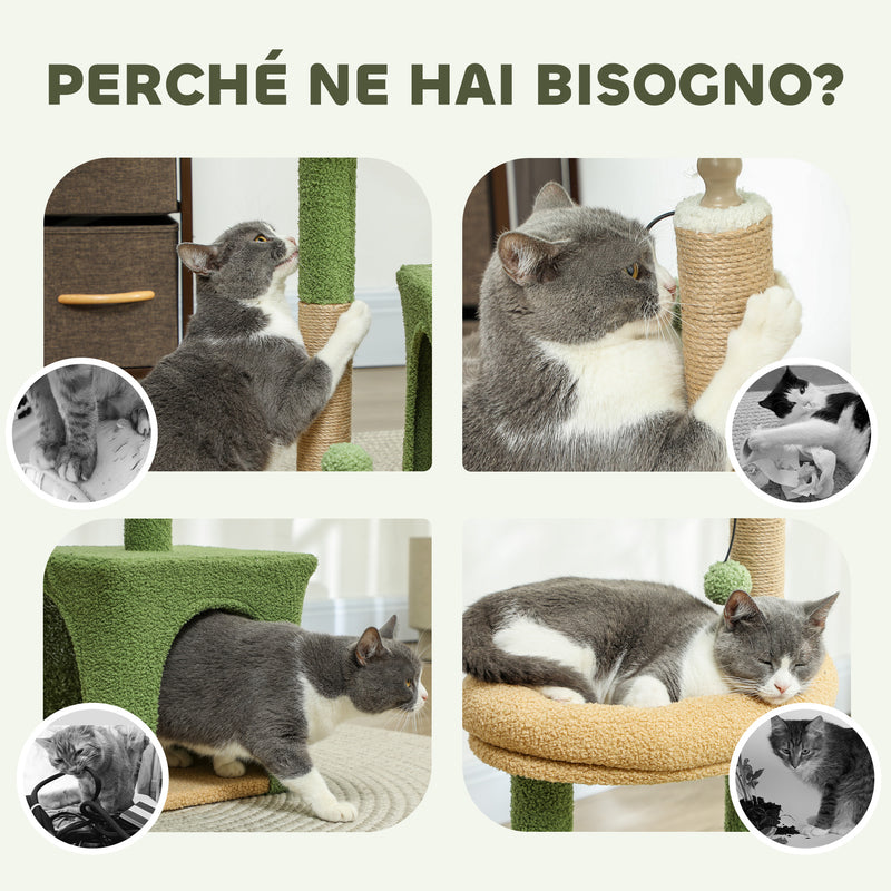 Albero Tiragraffi per Gatti con Casetta Lettino e Palline  44x30x98 cm Verde e Marrone  