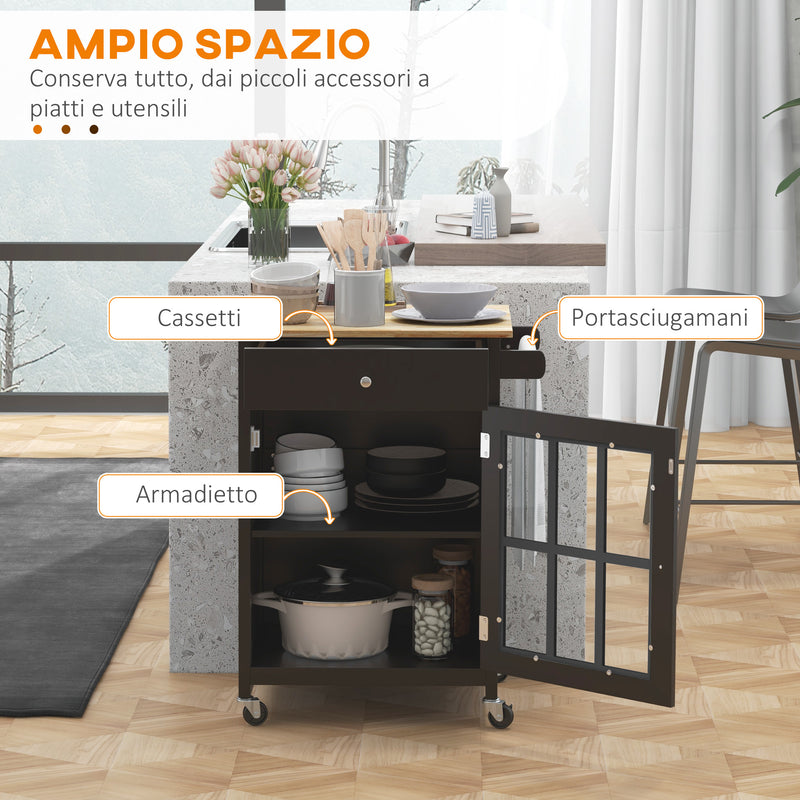 Carrello da Cucina con Cassetto Armadietto e Portasciugamani 67x48x86,5 cm in Legno Nero e Rovere  