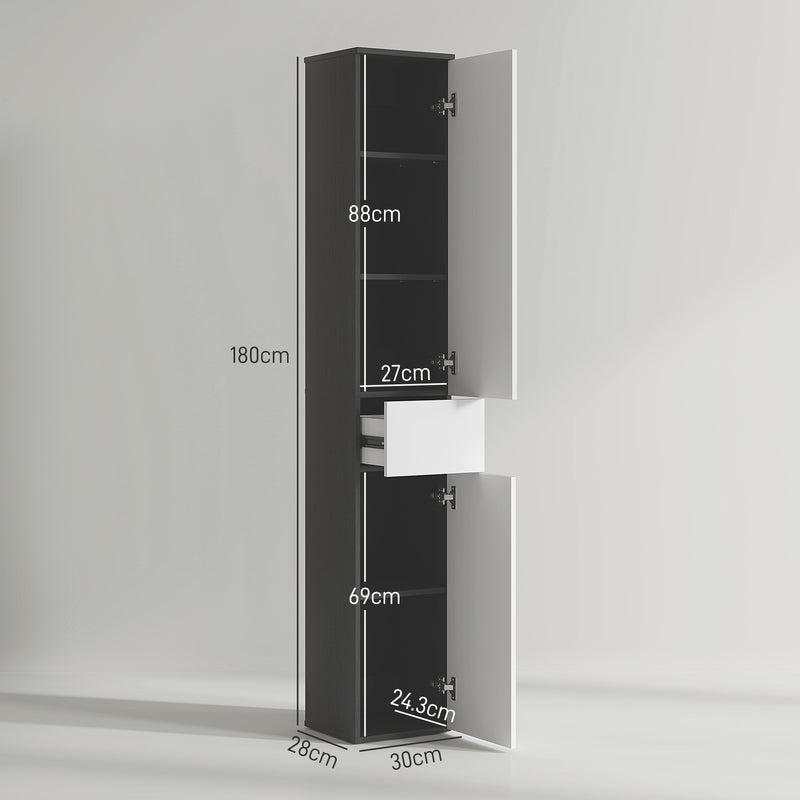 Mobile a Colonna da Bagno Salvaspazio con 2 Armadietti e Cassetto 30x28x180 cm Nero e Bianco 
