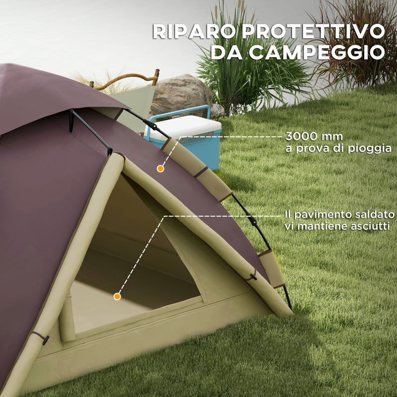 Tenda da Campeggio 2 Posti con 2 Finestre e Gancio 225x190x130 cm in Poliestere e Fibra di Vetro Cachi
