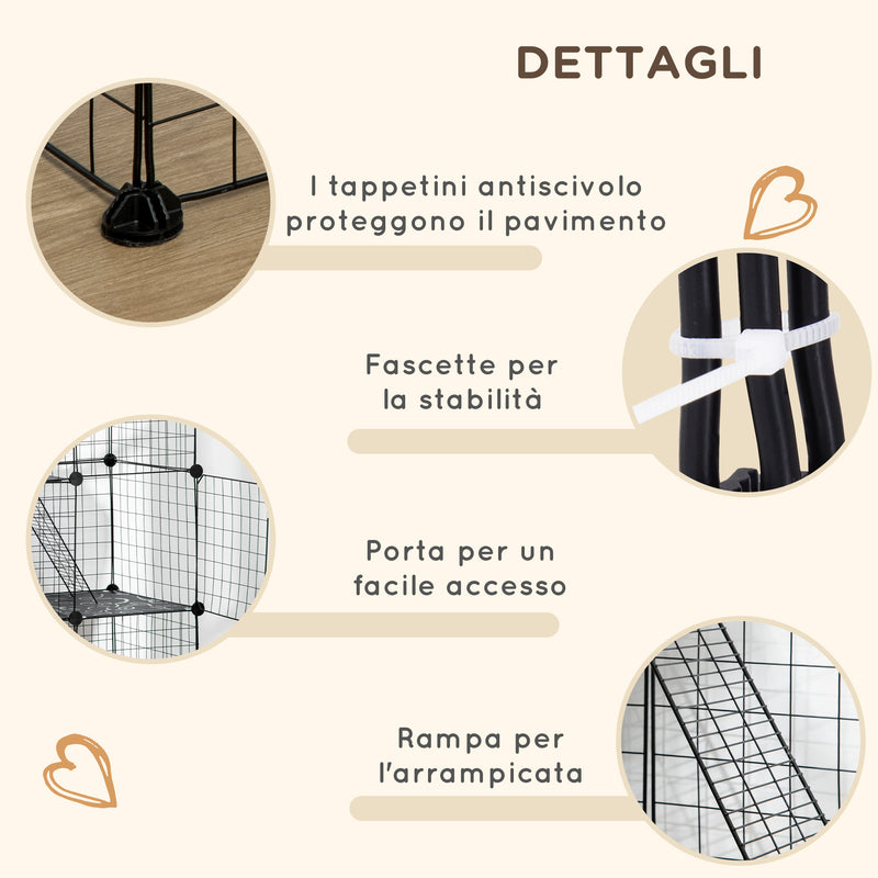 Recinto per Animali Modulabile 105x45x105 cm con 31 Pannelli 2 Porte e 2 Rampe in Acciaio e PP Nero  
