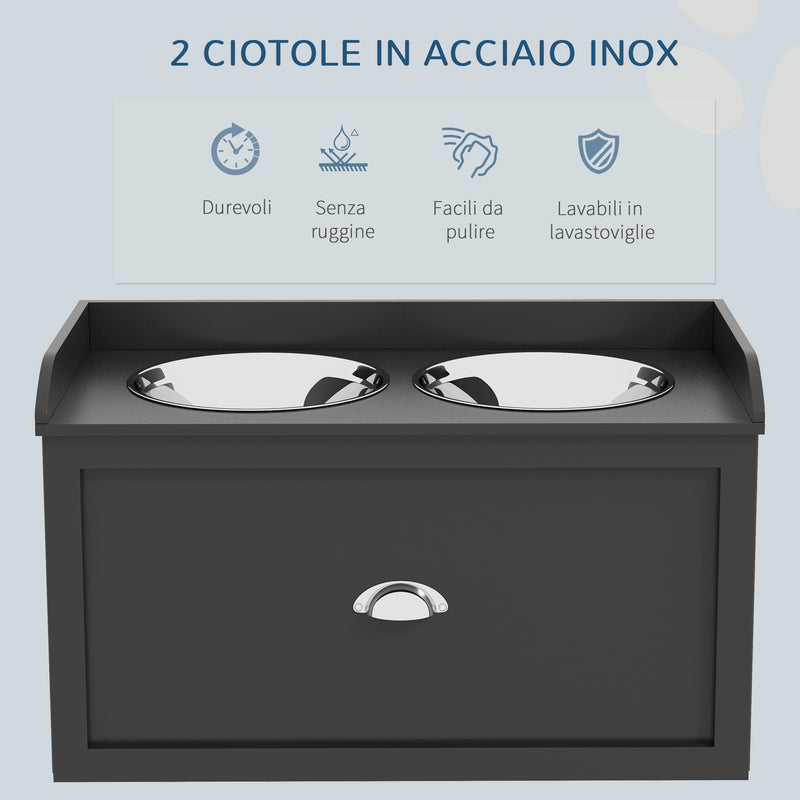 Ciotole per Cani Rialzate 60x30x36 cm in Acciaio Inox e Legno con Cassetto Nero   