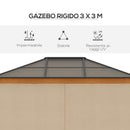Gazebo da Giardino 2,94x3,60x2,67m con Tetto in Policarbonato e Zanzariere in Acciaio Kaki