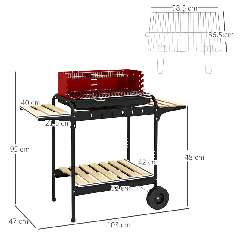 Barbecue a Carbonella 103x47x95 cm con Griglia Regolabile e 3 Ripiani in Metallo e Legno Rosso  