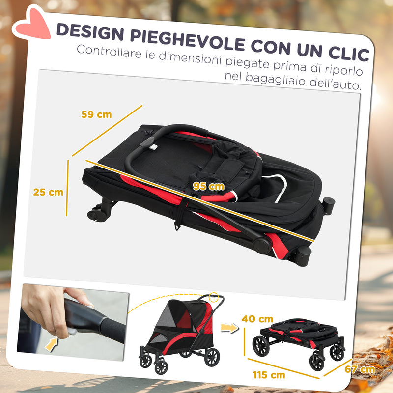 Passeggino per Cani Taglia Grande 124x67x100 cm Pieghevole con Finestre a Rete Nero  