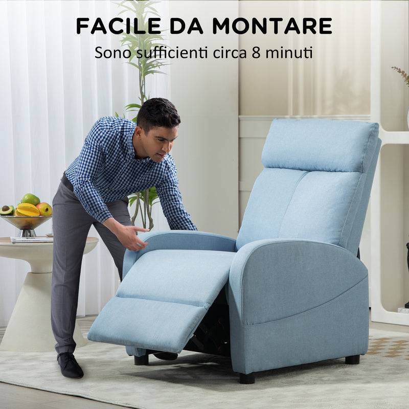 Poltrona Relax Reclinabile 165° 69x85x100 cm in Tessuto Effetto Lino Azzurro 