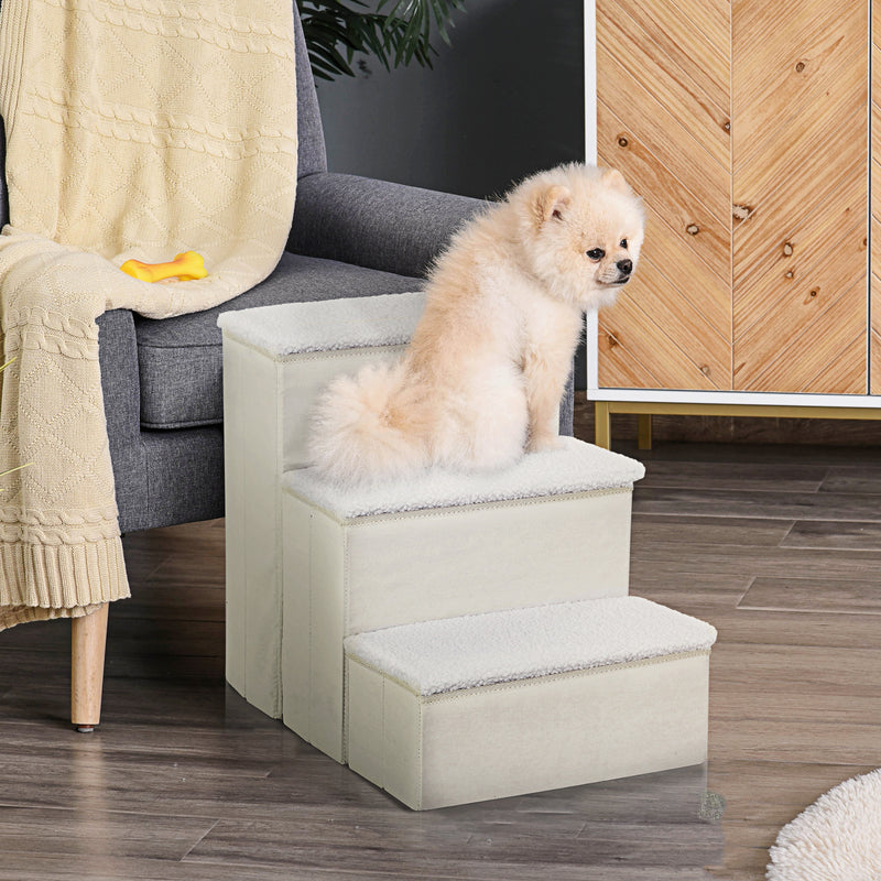 Scaletta per Cani e Gatti 3 Gradini Pieghevole e con Vano Contenitore 40x54x48 cm Bianco 
