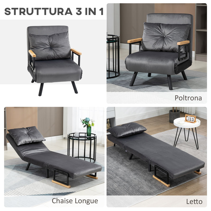 Poltrona Letto Singolo Trasformabile 63x73x81 cm in Tessuto Effetto Velluto Grigio Scuro  