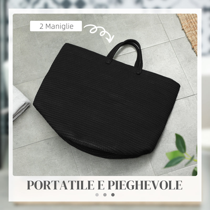 Cesto Portabiancheria Pieghevole con Manici 36L Ø38x45 cm in Cotone Naturale Nero 