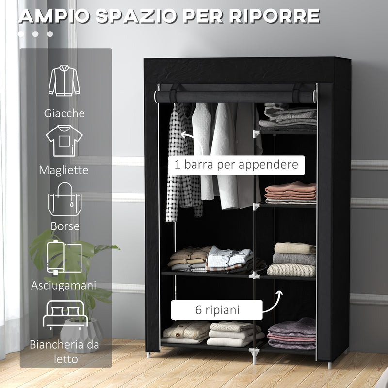 Armadio in Tessuto Portatile 103x43x162,5 cm Appendiabiti e 6 Ripiani Nero 